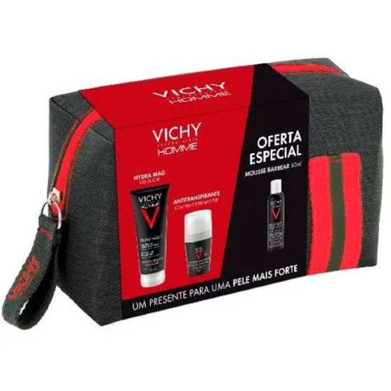 Vichy Homme Deo Antitranspirante Controlo Extremo 72H 50ml + Hydra Mag C Gel De Duche 200ml Com Oferta Mousse Barbear 50ml + Bolsa