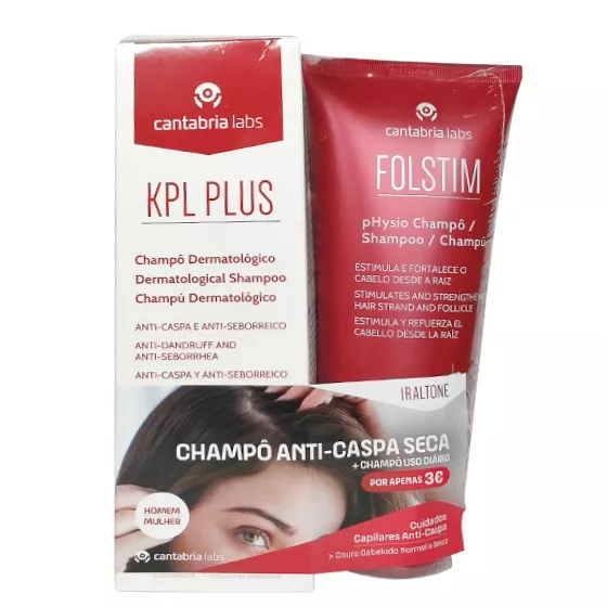 KPL Plus Champô Dermatológico Anti-Caspa 200ml + Folstim Physio Champô 200ml Pelo Preço Especial De 3€